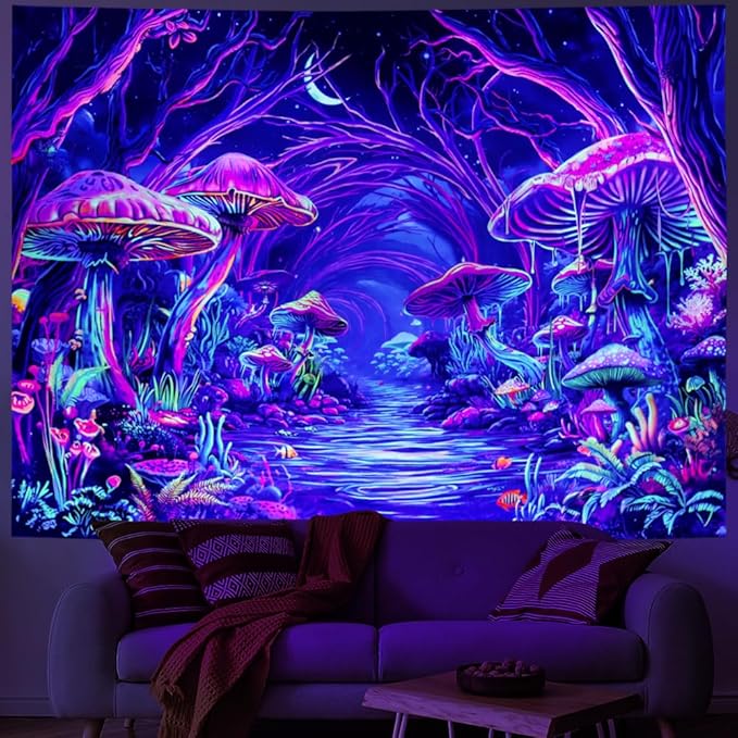 Yuiqear Blacklight Forest Tapestry UV Reactive Mushroom Tapestries Fantasy Landscape Wall Decor Aesthetic Plant Floral Tapestry Wall Hanging for Bedroom