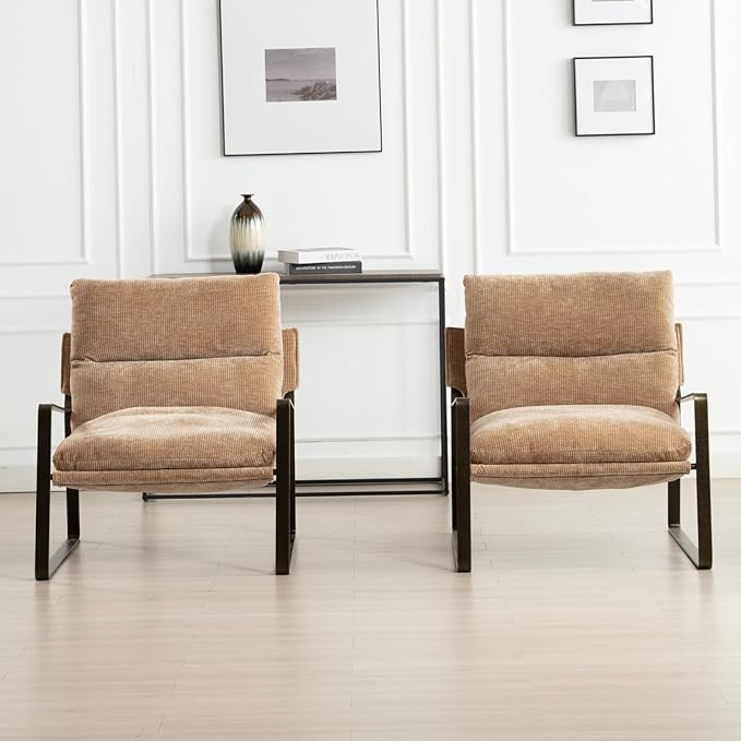 DUOMAY Mid-Century Accent Chairs Armchair Set of 2, Comfy Chenille Leisure Chairs Lazy Chairs with Brozen Metal Leg for Living Room Bedroom Office Apartment, Khaki