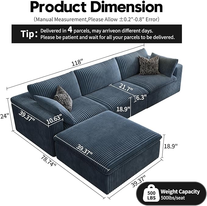 118" Cloud Couch Modular Sectional Sofa for Living Room,Modern Sofa with Deep Seat,L-Shape Boneless Couch with Ottoman,Comfy Upholstered Corduroy Couches for Apartment, Studio, Office,Bedroom,Blue