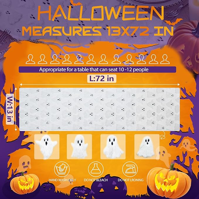 Halloween Table Runner Ghost Soft Plush Faux Fur Halloween Table Runner Hallowee Home Decor, Holiday Kitchen Dining Table Decoration for Home Party Decor 13x72 Inch