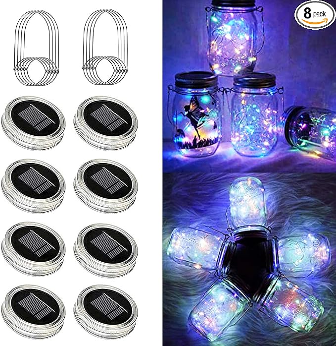 8 Pack Solar Outdoor Fairy Star Firefly Jar Lids Lights,Solar Fairy String Lids Lights(No Jars),Waterproof Lantern Mason String Solar Lights with Hangers for Regular Mouth Jars
