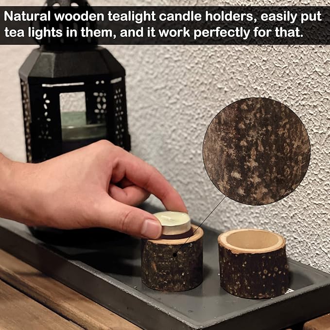 Set of 12 Wooden Tea Light Candle Holders, Personalized Natural Wooden Votive Vintage Tea Light Candle Holders for Rustic Centerpieces for Dining Table Wedding Party (2.36" W*1.65" H)