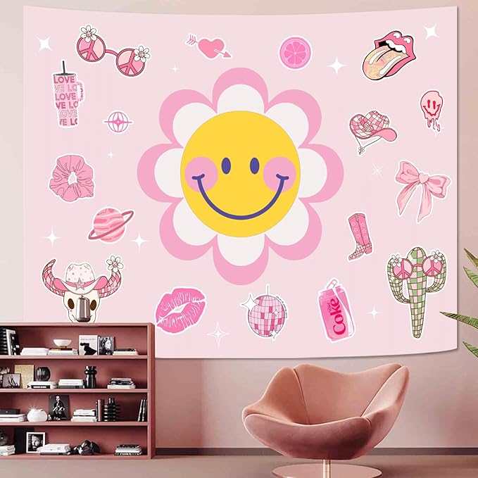 Lunerfex Y2K Tapestry Pink Sun Wall Tapestry, Cute Tapestries for Bedroom Funny Tapestries Wall Hanging for Bedroom Living Room Decor Pink-7 44"x60"