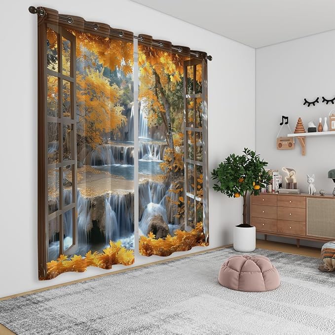 Landscape Blackout Curtains for Girls Boys Teens Home Decor, Nature 3D Autumn Fall Forest Maples Grommet Thermal Insulated Drapes Darkening Window Curtain for Bedroom Living Room, 42 x 45 Inch