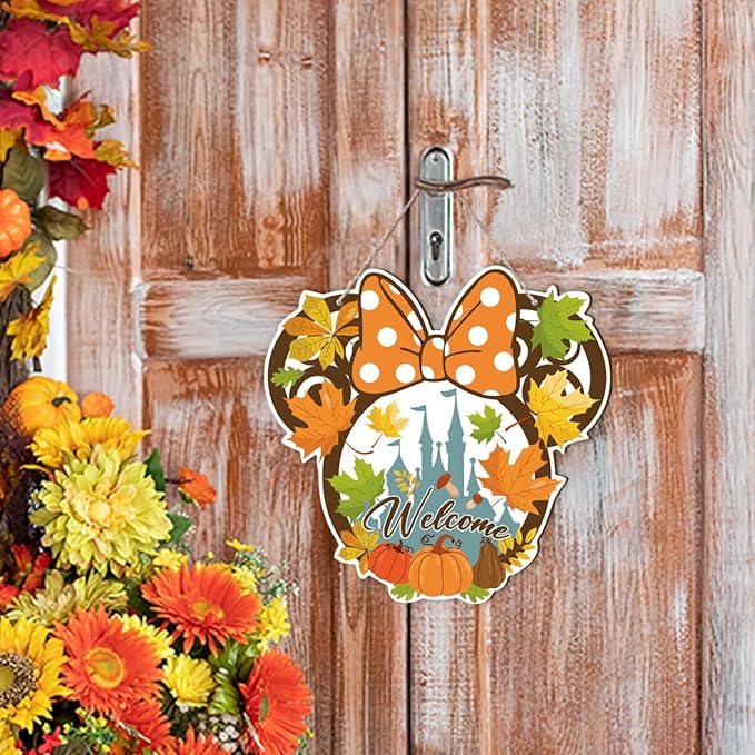 Fall Mouse Welcome Door Sign, Wooden Maple Leaves Mushroom Hanging Decor for Front Door, Fall Wood Wreath Wall Decor for Autumn Harvest Thanksgiving Home Decorations, Housewarming Gift