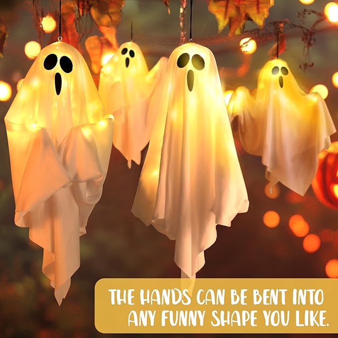 4Packs Hanging Ghosts Halloween Decor, LED Light Up Halloween Ghost Decorations, Spooky Cute Ghost Ornaments for Home Tree Garden Front Porch Yard Fall Party Holiday Decoration Outdoor 19.6", White