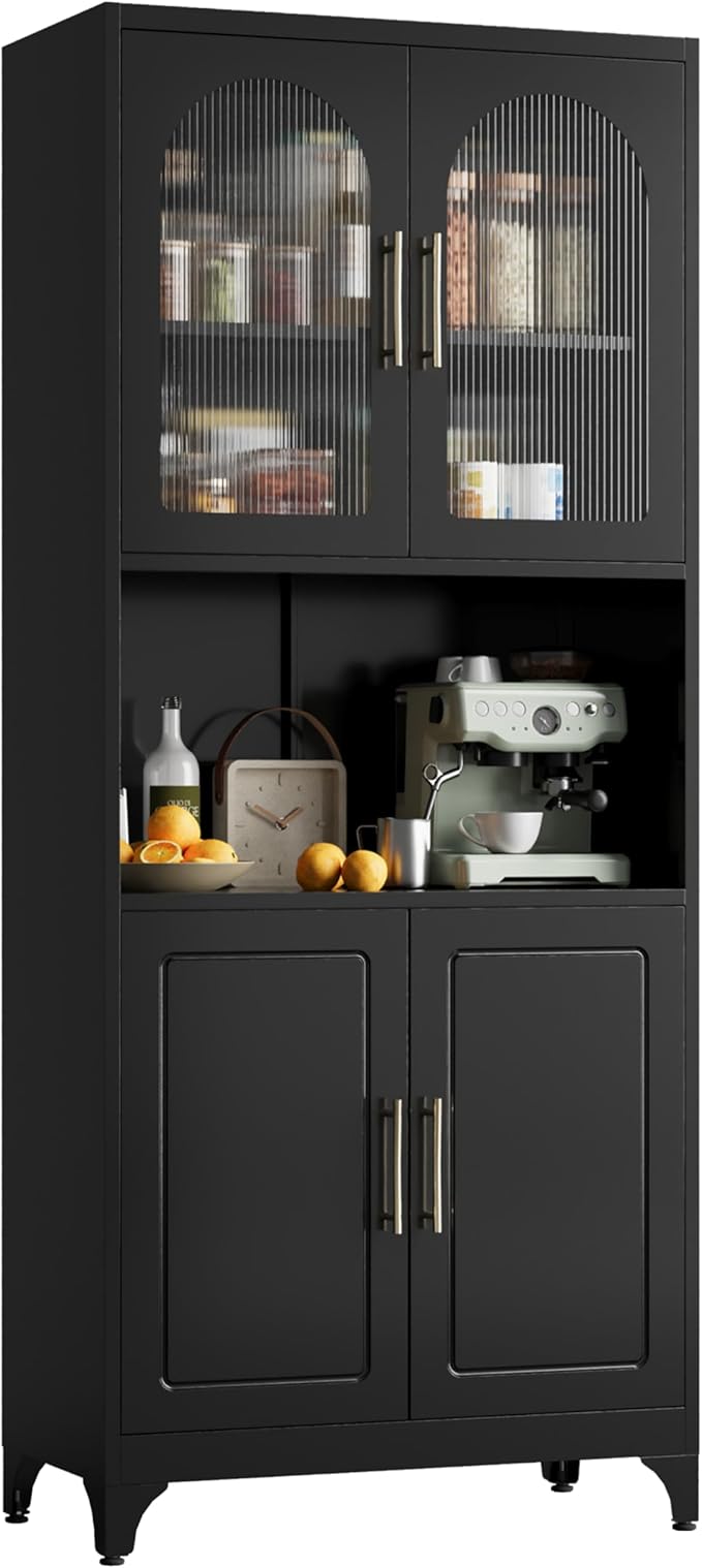 75" Tall Kitchen Pantry Cabinet, Metal Storage Cabinets with Acrylic Doors and Adjustable Shelves, Hutch Cabinet with Storage, Black Microwave Stand Cabinets for Dining Living Room