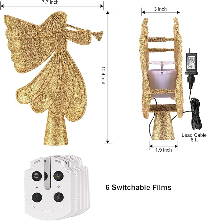 Christmas Angel Tree Topper with 6 Projection Modes, Hollowed Pentagram Tree Top with Gold Spangles Plated Plug in for Indoor Outdoor Christmas Decorations, Gold
