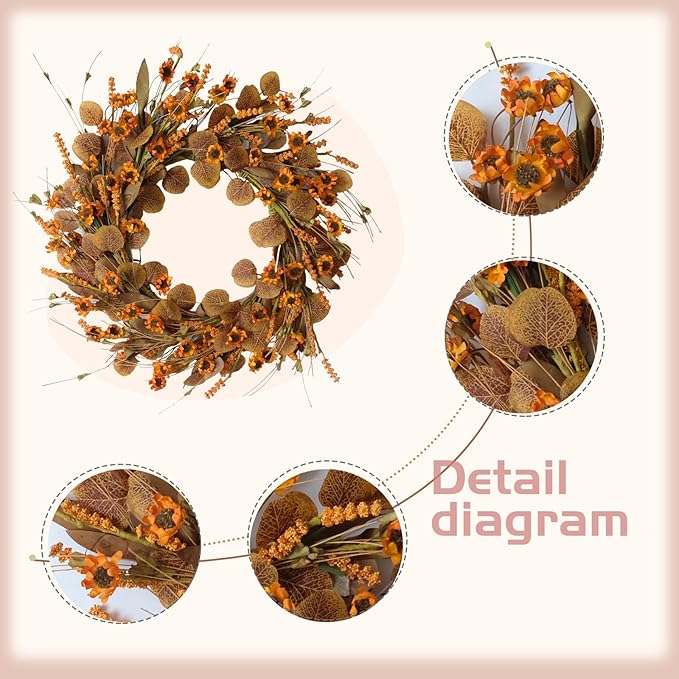 22 Inch Fall Wreath for Front Door Artificial Autumn Wreath with Eucalyptus Leaves Wild Flowers Harvest for Festival Thanksgiving Halloween Farmhouse Wall Home Decor