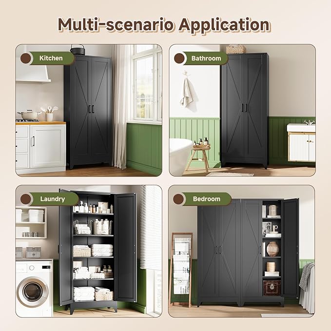 Letaya Storage Cabinet,75" H Metal Kitchen Pantry Cabinets with Doors and Adjustable Shelves,Pantry Organizers for for Cupboard/Dining/Bathroom/Office/Garage Room,Black