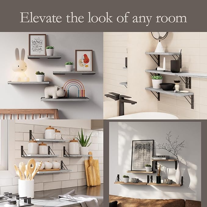 BAYKA Wall Shelves for Bedroom Decor, Floating Wall Shelves for Living Room Kitchen Storage, Wall Mounted Rustic Wood Floating Shelves for Kids Books, Corner Shelf for Bathroom(Gray White,Set of 4)
