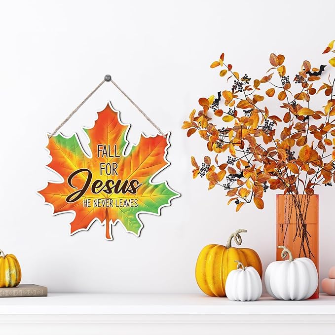 Maple Leaf Fall Decor, Fall for Jesus He Never Leaves Decor Sign Farmhouse Autumn Wreaths for Front Door Christian Jesus Hanger Sign Home Wall Autumn Halloween Thanksgiving Decoration