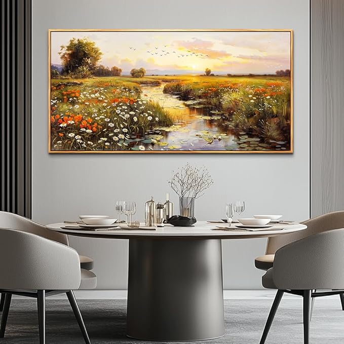 PHAOHUAXM Large Canvas Wall Art For Living Room Wall Decor For Bedroom Watercolour Painting Office Decoration Countryside Sunrise Scenery Wall Picture Home Decor Ready To Hang 30x60 In Wood Framed