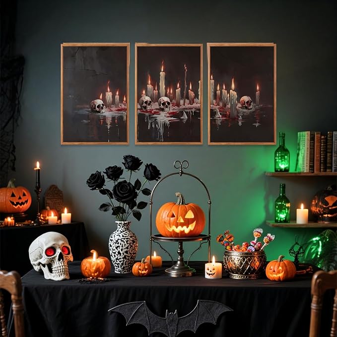 Aurlan Gothic Bloody Skull and Candles Framed Wall Art(16"x24"), 3PCS Horror Dark Academia Halloween Skeleton Canvas Artwork, Modern Goth Spooky Creepy Ghost Decor for Home Office Bedroom