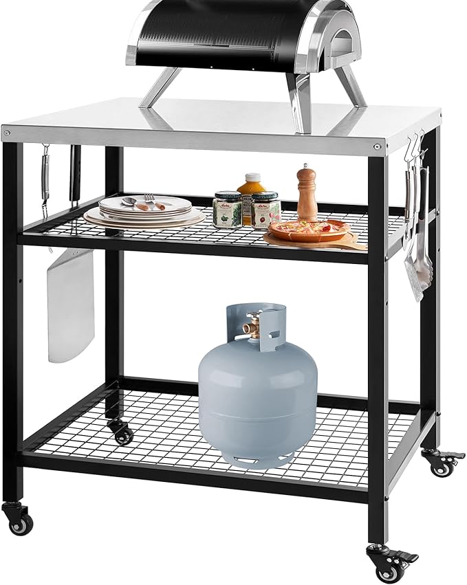 Stainless Steel Grill Cart with Cover Pizza Oven Stand with Water-Proof Cover Trolley Table with Wheels Three-Shelf Movable Food Prep and Work Cart Table Heavy Duty Grill Cart Outdoor 31.5"×24"×35.5"