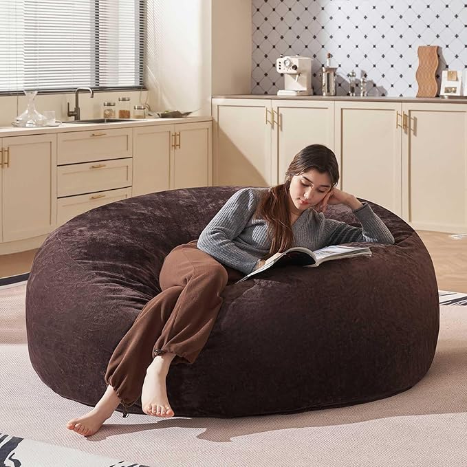 Bean Bag Chair 5Ft, Memory Foam Filled, Large Beanbag Chairs for Adults and Teens, Soft Sofa with Removable Flannel Cover, Round Couch for Living Room Bedroom College Dorm (Brown, 5FT-60×60"×24")