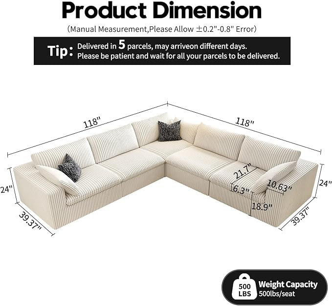 118" Cloud Couch Oversized Modular Sectional Sofa for Living Room,Modern Sofa with Deep Seat,V Shaped Boneless Couch,Comfy Upholstered Corduroy Couches for Apartment, Studio, Office,Bedroom,White