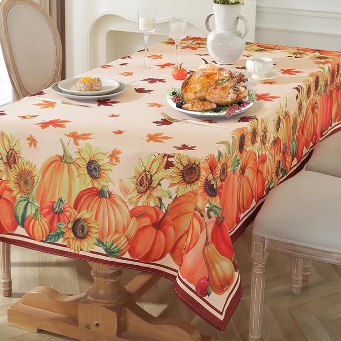 SASTYBALE Fall Tablecloths for Rectangle Tables 52 x 70 Inch Pumpkin Table Cloths with Sunflower & Maple Leaves Washable Spillproof Durable Polyester Table Cover for Thanksgiving, Harvest, Holiday