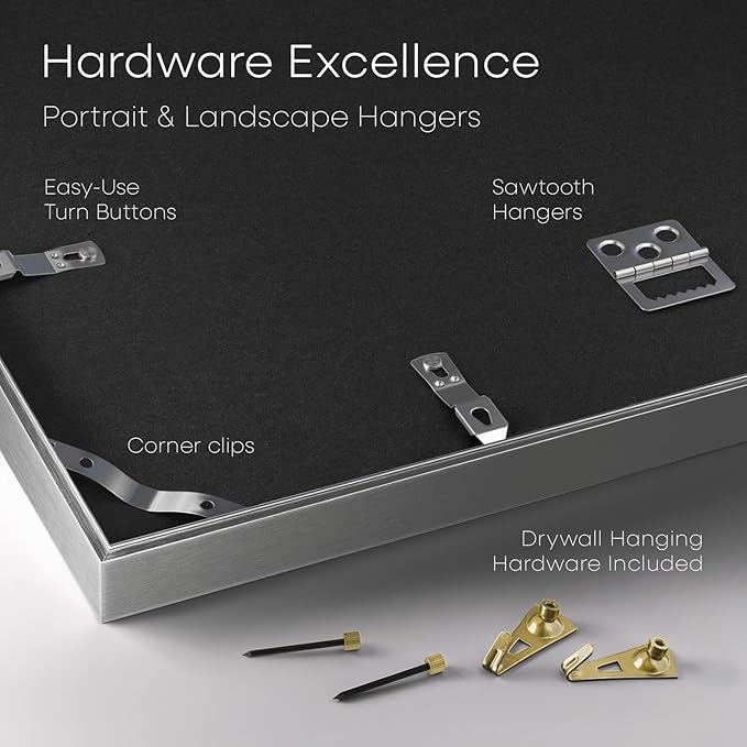 Homeforia 16x16 Silver Picture Frame, High End Metal 16 x 16 Square Frame with Mat 12 x 12 Photo, 16x16 Poster Frames Matted to 12x12 Print, 16 by 16 Hanging Frames, Tempered Glass, Wall Kit, Set of 1