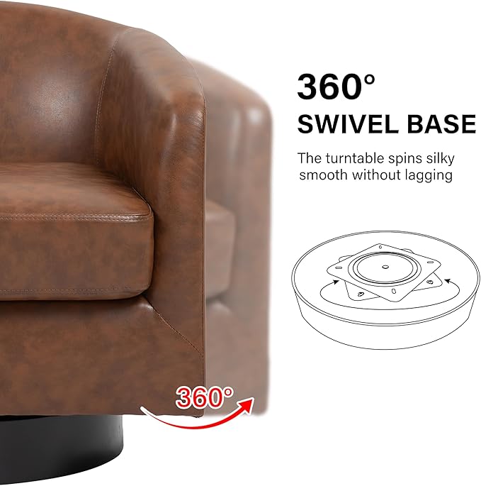Swivel Barrel Accent Chair, Modern Round Faux Leather Arm Chair for Living Room, Bedroom, Comfy Club Reading Chairs for Adults(Faux Leather, Coffee, Set of 1)