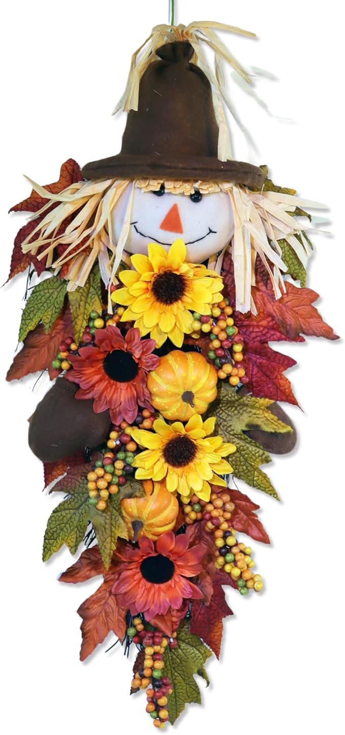 24" Rustic Fall Scarecrow Teardrop Swag โ Farmhouse Sunflower & Pumpkin Wreath โ Autumn Harvest Hanging Decor for Front Door, Wall, Porch, Indoor/Outdoor