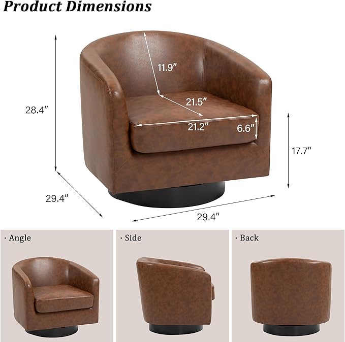 Swivel Barrel Accent Chair, Modern Round Faux Leather Arm Chair for Living Room, Bedroom, Comfy Club Reading Chairs for Adults(Faux Leather, Coffee, Set of 2)