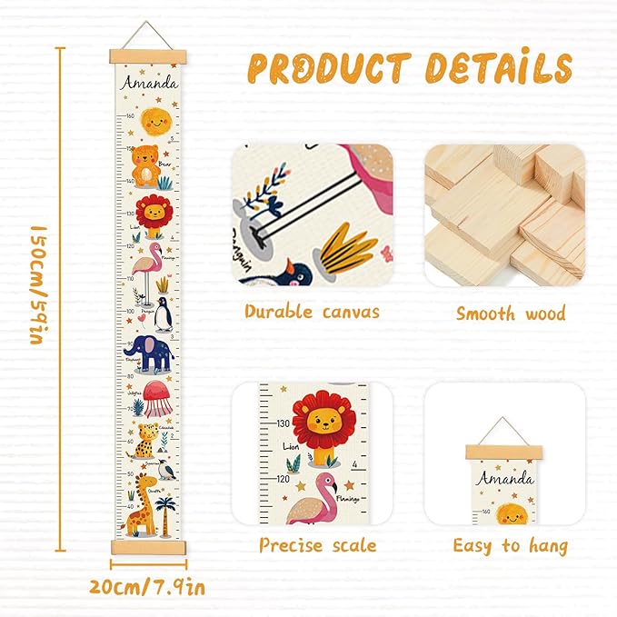 Personalized Name Growth Chart Wall Decor for Kids – Canvas Removable Height Chart Measuring Ruler 59" x 7.9" (Animals)