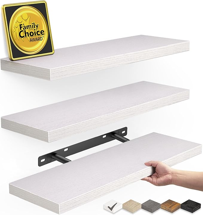 BAYKA Floating Shelves for Wall โ Rustic Wood Wall Shelves with Metal Brackets for Bathroom, Bedroom, Kitchen, or Living Room Decor โ White, Set of 3, Sturdy Storage with 22lb Capacity