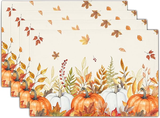Fall Placemats Set of 4 Autumn Thanksgiving Harvest Watercolor Pumpkin Place Mats 12x18 Inch Seasonal Washable Table Mats for Party Kitchen Dining Decoration