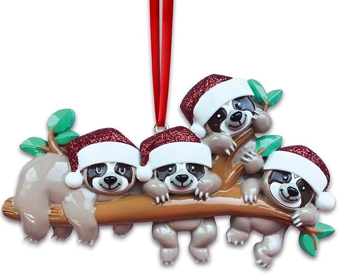 3D Sloth Family of 4 Christmas Ornament 2025 Personalized Family Christmas Ornaments 2025 | Holiday Hangout Sloths Personalized Tree Ornaments Customizable Gifts Tree Hanging Sloth of Four Ornament