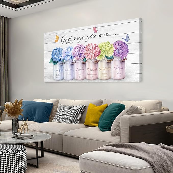 Cao Gen Decor ArtH43075 Inspirational Bible Verse Wall Art: God Says You Are Wall Sayings Flowers in Mason Jar Picture Print Christian Gift Quotes Poster for Women Girl Bedroom Home Decor Artwork