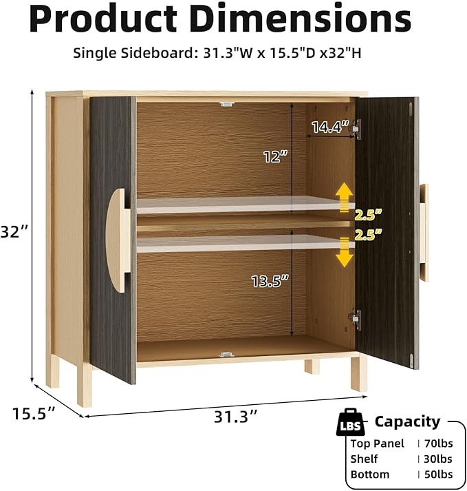 Set of 2 TV Stands with Storage, 65 Inch Symmetrical Arc Accent Sideboard Large Console Table with Adjustable Shelves, Mid Century Modern TV Stand for Living Room, Dining Room