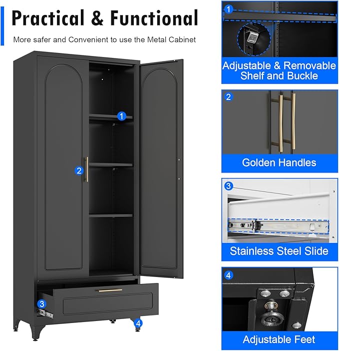 Black Pantry Kitchen Cabinet with Drawer, 75 Inch Metal Storage Cabinet with Doors and Shelves, Steel Food Pantries, Large Freestanding Cupboard for Living&Dining Room-Assemble Required