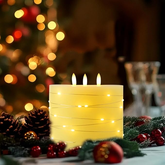 Amagic 6"x6" Extra Large Flameless Candles with 3 Wicks, Battery Operated Candles with Remote Control and Timer, LED Pillar Candles with Bling String Light, Real Wax, Realistic 3D Wick, Ivory