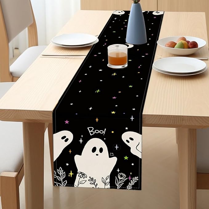 Halloween Black Table Runner Spooky Ghost Floral Boo Table Linen Runner Seasonal Holiday Kitchen Dining Table Decoration Halloween Decorations for Indoor Outdoor Home Party Decor 13x36 Inch