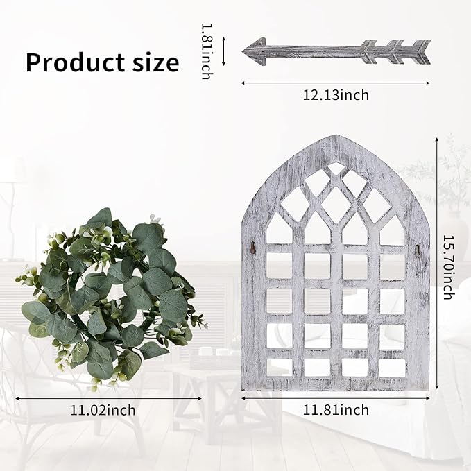 Rustic Wood Window Frame with Green Wreath and Arrows Wall Decor,Farmhouse Window Frame Hanging Decor, Wooden Fake Decoration,Window Pane Wall Decor,Set of 2 (windows white)