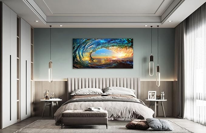 Cao Gen Decor Art S06775 Giant Wave Water Wall Art Canvas Prints 1 Panels Ocean Waves Pictures Paintings with Sunset Blue Seascape Framed for Living Room Bedroom Kicthen Office Artwork