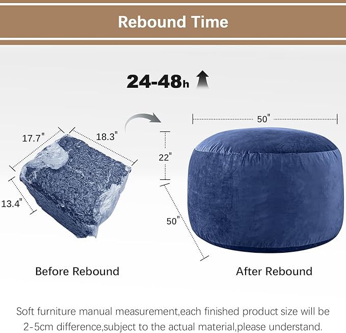 Bean Bag Chairs for Adults - Memory Foam Furniture BeanBag Chair - Kids/Teens Sofa with Soft Micro Fiber Cover - Round Fluffy Couch for Living Room Bedroom College Dorm - 5 ft, Navy