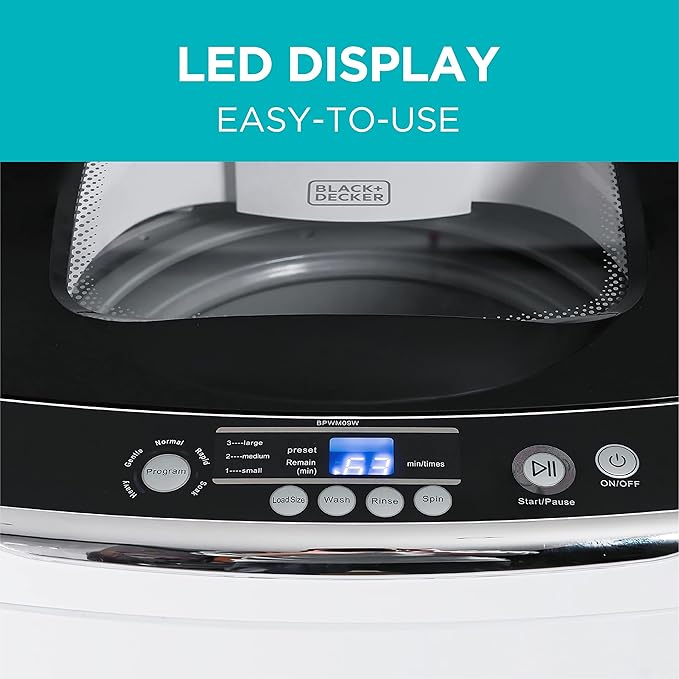 BLACK+DECKER 0.9 Cu. Ft. Portable Washer, 6.6 lb. Capacity Washing Machine for Homes & Apartments, 5 Wash Cycles, Quick Connect Sink Adapter and Drain Hose Included, Transparent Lid, BPWM09W, White