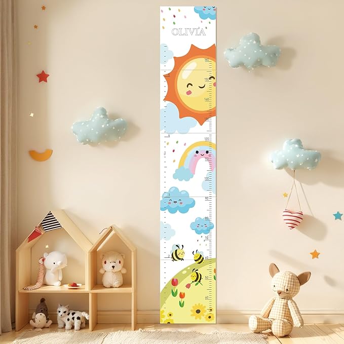 Personalized Name Growth Chart for Wall, Sun Rainbow Height Chart for Kids, No-Drill Growth Chart for Wall, Perfect as Kids Room Decor & Thoughtful Birthday Gift for Boys and Girls