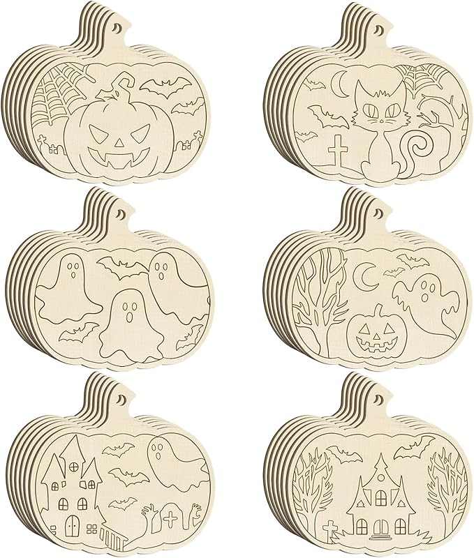 36PCS Wooden Pumpkins Ornaments to Paint Halloween Thanksgiving Decoration Cutouts Unfinished 3.5 inches, DIY Blank Unfinished Pumpkin Ornament for Home Harvest Crafts Hanging Autumn Decor(6Style)