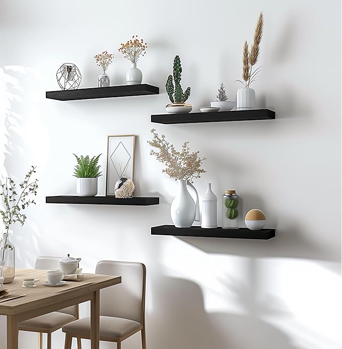 Wood Floating Shelves for Wall Decor, Rustic Wall Shelves for Bedroom Bathroom Kitchen Living Room, Set of 6 Black
