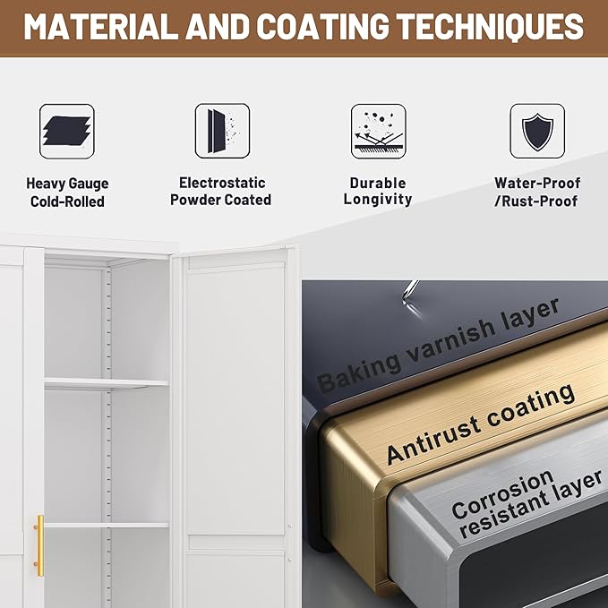 Metal Kitchen Pantry Storage Cabinet with 2 Doors and 3 Adjustable Shelves,Pantry Cabinet with Adjustable Leveling Foot for Kitchen, Living Room, Dining Room(White)