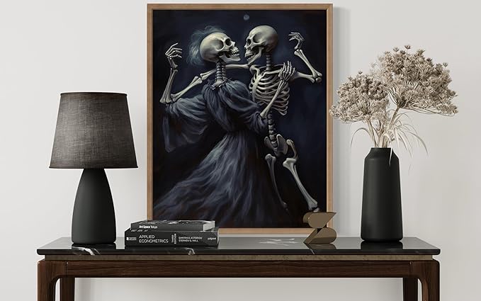 Dancing Skeleton Poster Art Print, Halloween Scary Vintage Wall Art Academia Spooky Painting Decoration for Horror Prints, Gothic Posters Bedroom Decor 89 (Dancing Skeleton, 8 x 10 inches, Wood Frame)
