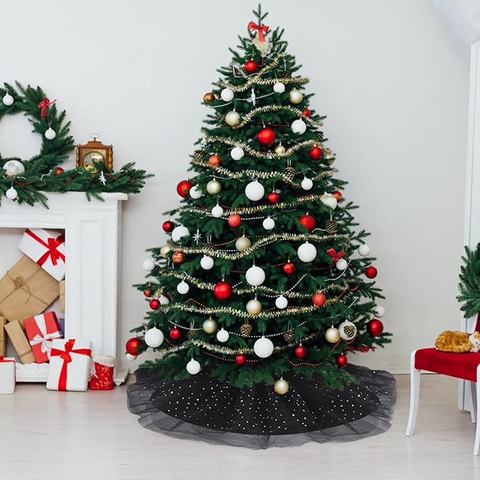 Christmas Wedding Tree Skirt,45 inch 4-Layer Fluffy Romantic Pleated Sparkly Halloween Skirt Decoration Xmas Tree Ornament for Holiday and Party(Black)