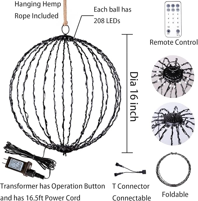 Outdoor Hanging Lighted Sphere, Christmas Decoration Light Balls, 2 in 1 Warm White and Multicolor Chandelier, 208 LED 16" Large Iron Frame Foldable Globe for Patio Tree Gazebo Decor-2Pack