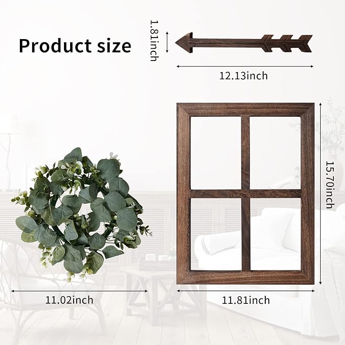 Rustic Wood Window Frame with Green Wreath and Arrows Wall Decor,Farmhouse Window Frame Hanging Decor,Wooden Fake Decoration,Window Pane Wall Decor,Set of 2 (Brown)