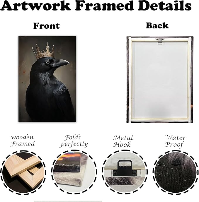 OAAPITI Raven King Wall Art Mysterious Black Bird Painting Dark Gothic Animal Canvas Print for Living Room Bedroom Home Office Inspirational Decor(Artwork-8,20"x30")