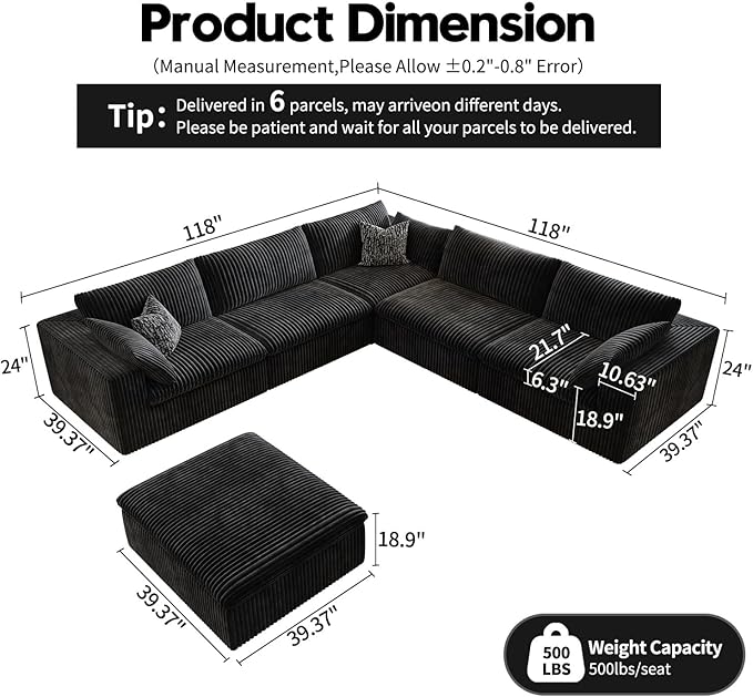 118" Cloud Couch Oversized Modular Sectional Sofa for Living Room,Modern Sofa with Deep Seat,6 Seater Boneless Couch,Comfy Upholstered Corduroy Couches for Apartment, Studio, Office,Bedroom,Black