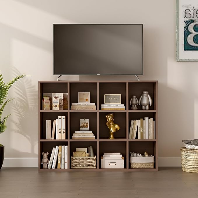 12-Cube Storage Shelf Bookcase - Wooden 3-Tier Floor Standing Open Bookshelf for Home and Office, Cuby Orgainzer, Walnut